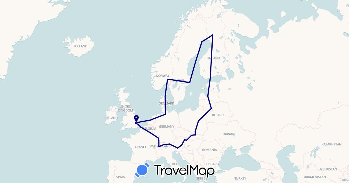 TravelMap itinerary: driving in Austria, Switzerland, Germany, Denmark, Estonia, Finland, France, United Kingdom, Liechtenstein, Lithuania, Latvia, Netherlands, Norway, Poland, Sweden, Slovenia, Slovakia (Europe)